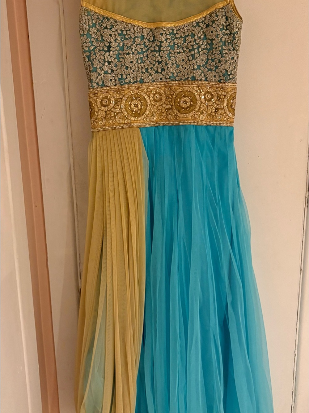 Girls' Teal and beige Embellished Party Dress